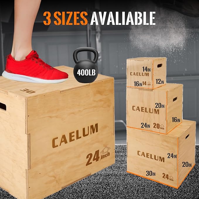 CAELUM 3-in-1 Wood Plyo Box - Non-Slip Plyometric Jump Box for Home & Gym, 400lbs Bearing Fitness Launch Box for Jumping Squats Step-ups Strength Training