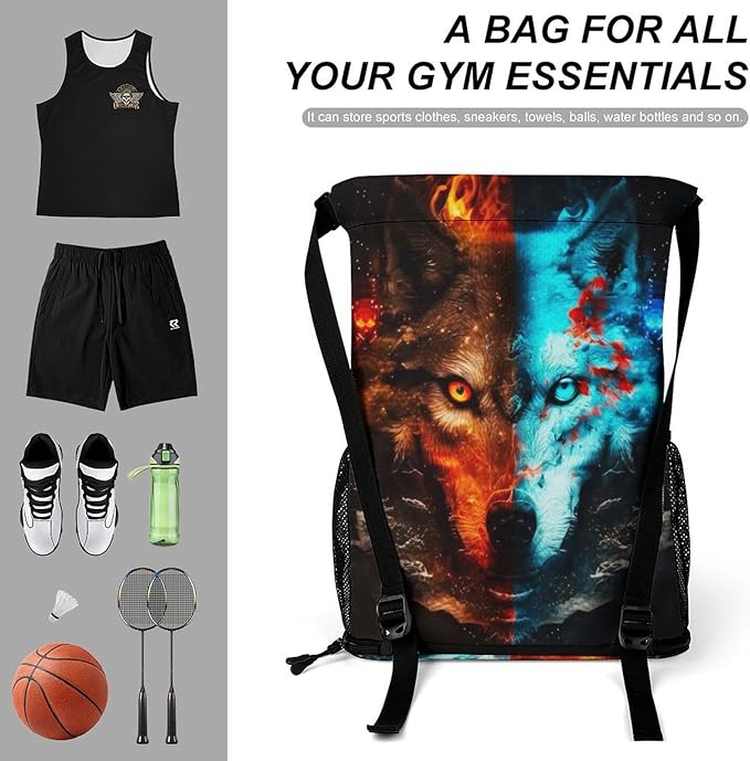 Custom Wolf Drawstring Backpack - Cute Cinch Sack, String Backpacks with Pocket for Women Men Kids Boys Girls for Gym Outdoor Sports Travel Athletic Drawstring Bag - Lightweight/Foldable