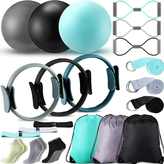 Poen Home Pilates Kit for Women Pilates Equipment Ring and Ball Set with Stretching Strap 8 Resistance Bands Non Slip Socks Gym Back Bags Exercise Equipment for Workout