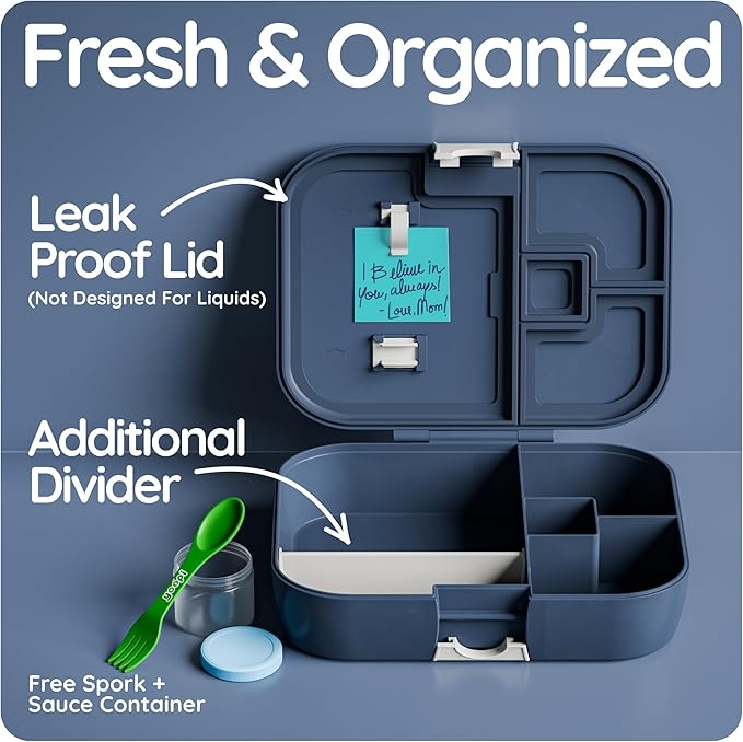 YOOPI Bento Box for Kids, Leak-Proof, BPA-Free School Bento Lunch Box Containers with Compartments. Online Healthy Meal Planning, Durable, Easy-Clean, Eco-Friendly Lunchbox for Boys (Dark Blue)