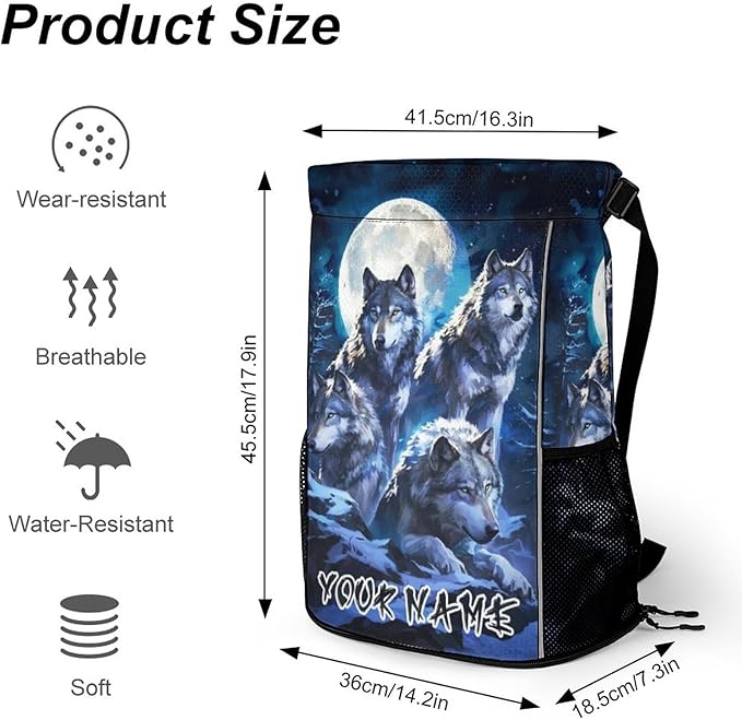 Custom Wolf Drawstring Backpack - Cute Cinch Sack, String Backpacks with Pocket for Women Men Kids Boys Girls for Gym Outdoor Sports Travel Athletic Drawstring Bag - Lightweight/Foldable