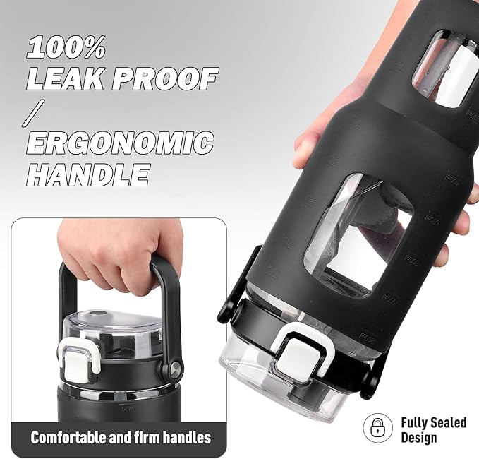 BLUEGO 40 oz Glass Water Bottles with Straw Time Marker, Glass Tumbler with Handle Top Lids, Easy to Clean, Fits in Car Cup Holder, Leakproof Jug for Gym, Sports, Workout & Daily, Black