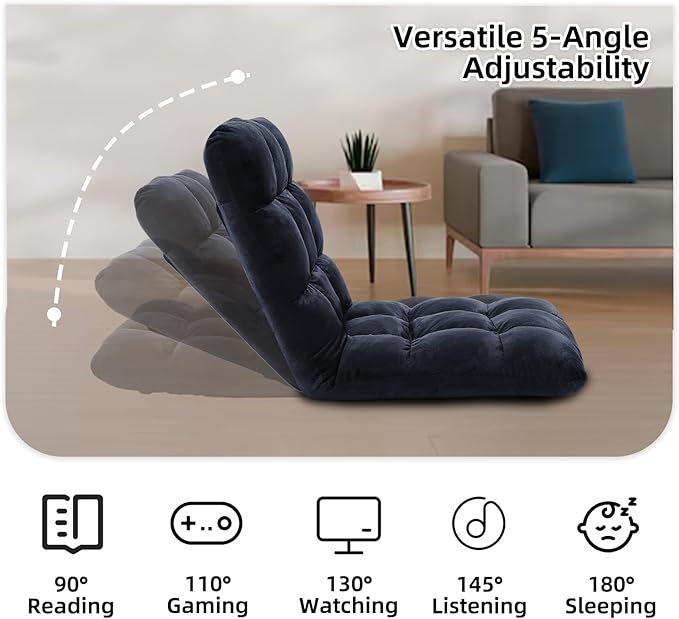 FLOGUOR Indoor 5-Position Adjustable Floor Chair with Back Support Folding Padded Gaming Sofa Chair, Lounge Chair for Adults Video Gaming, Perfect for Meditation, Reading QL050-BK