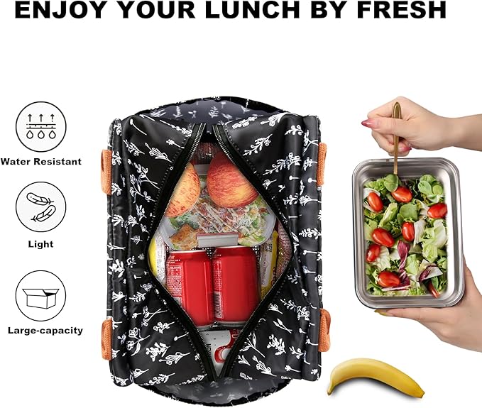 Joymee Lunch Bag Women Insulated Lunch Box Reusable Leakproof Large Cooler Tote for Womens Mens Adults with Bottle Holder and Side Pockets for Work Office Picnic - White Little Flowers