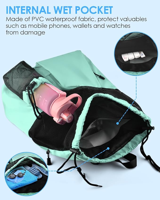 BROTOU Swim Bag Beach Backpack with Wet Pocket Mesh Drawstring Bags for Swimming, Gym