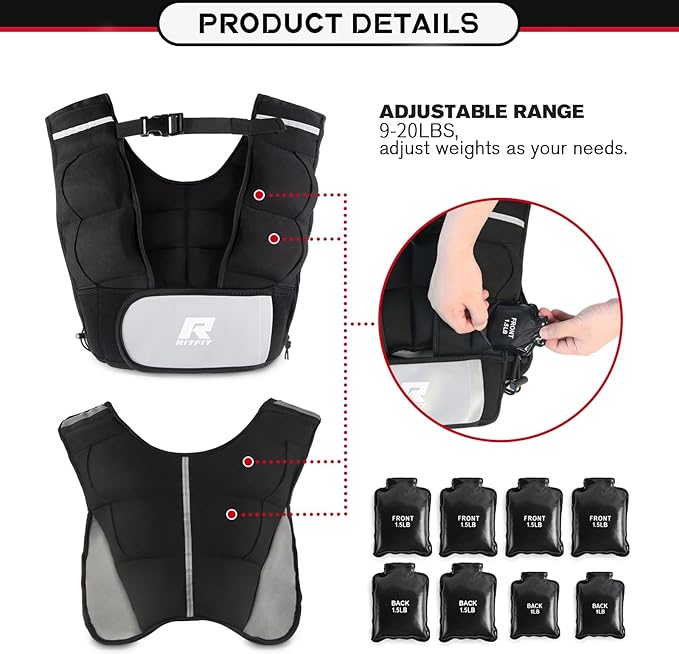 RitFit Weighted Vest, 4lb/8lb/10lb/12lb/15lb/20lb Weight Vest with Reflective Stripes, Weight Vest Adjustable for Women and Men Workout, Strength Training, Running, Fitness, Jogging, Walking