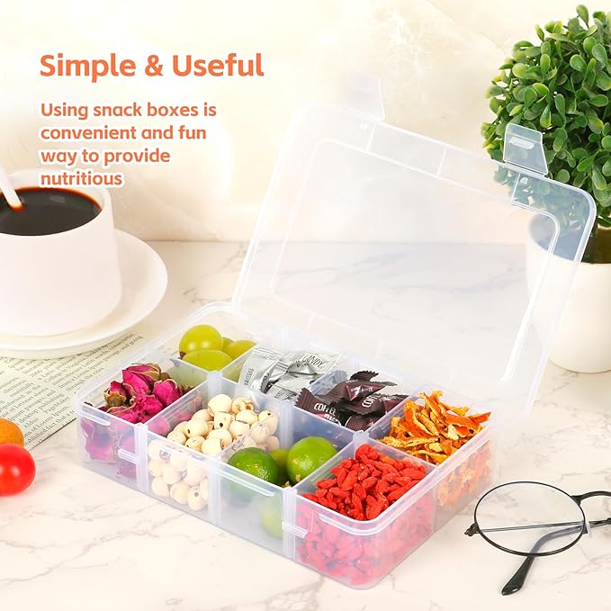 AQSXO 2 Pcs Snack Boxes 8 Compartments Snack Containers Reusable Meal Prep Lunch Containers., Transparent