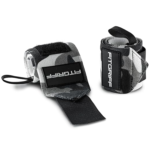 Fitgriff® Wrist Wraps for Weightlifting (18") Heavy-Duty Support for Gym, Bench Press, and Pushups (1 Pair) - for Men and Women (Grey-Camo)