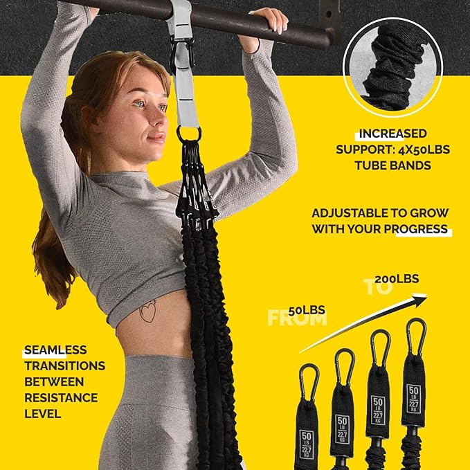 Pull Up Assistance Bands Set - 4 Heavy-Duty Pull Up Bands, Height Adjustable Strap & Comfortable Foot Strap - Stackable Pull Up Resistance Bands for Pull Ups