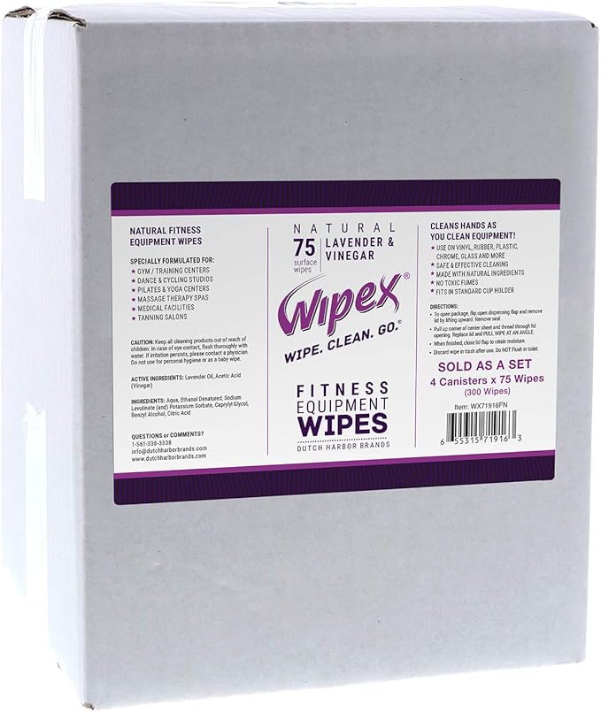 Wipex Natural Fitness Equipment Wipes, 75ct Lavender & Vinegar Cleaner, Gym Wipe for Equipment, Bulk Size for Everyday Use, 75 Count (Pack of 4)