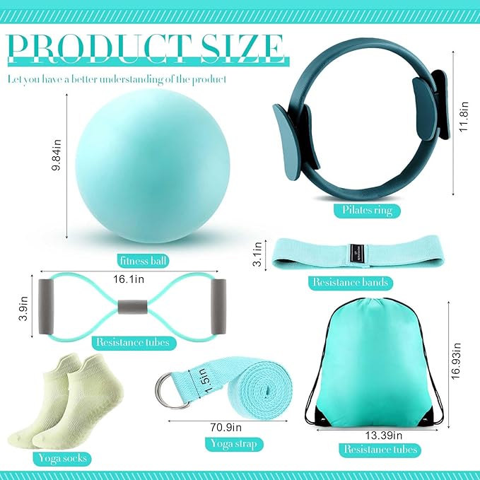 Poen Home Pilates Kit for Women Pilates Equipment Ring and Ball Set with Stretching Strap 8 Resistance Bands Non Slip Socks Gym Back Bags Exercise Equipment for Workout