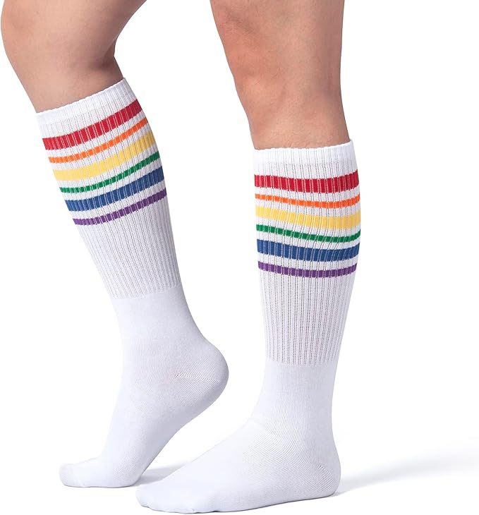 ONUPGO 5 Pieces Sweatbands Striped Socks Set Sports Headband Wristbands High Tube Socks 80s Accessories Costumes