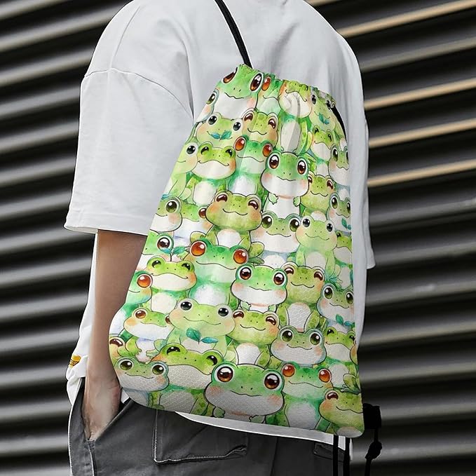 Frog Drawstring Backpack - Cute Cinch Sack, String Backpacks for Kids Women Men Boys Girls for Gym Outdoor Sports Travel Athletic Drawstring Bag - Lightweight/Foldable