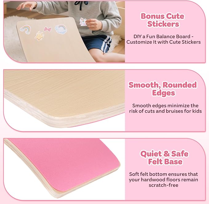 Balance Board Kids, 35 Inch Natural Wooden Wobble Balancing Board for Open Ended Learning, Toddler Rocker Board with Non Slip Felt Yoga Curvy Board for Adult Boys Girls M.ontessori-Inspired