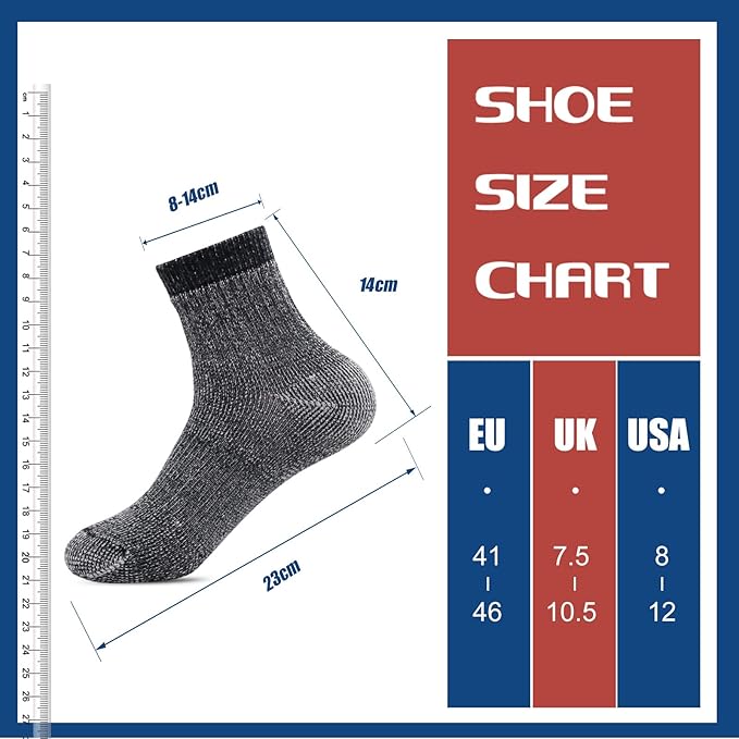 Caudblor Men's Merino Wool Hiking Socks-Thermal Warm Crew Winter Ankle for Trekking,Cycling,Multi Performance,4 Pack