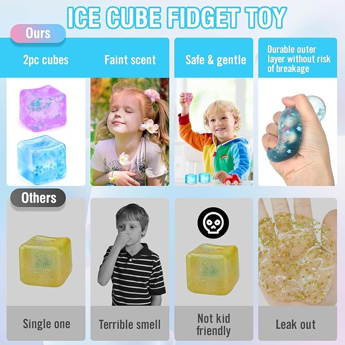 Fidget Toy for All Ages: 2 Pack Soft Sensory Fidget Ice Cube Stress Ball Squishy Cube Stress Relief Toys for Kids, Teens and Adults Party Favors, Birthday Gift for Kids Age 3+, Blue Purple