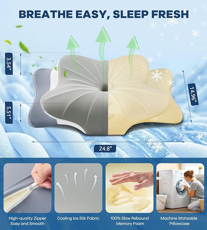 Cervical Pillow for Neck Pain Relief -Cooling Ergonomic Memory Foam Pillow with Ice Silk Pillowcase, Dual-Height Orthopedic Support Contour Pillow for Side/Back/Stomach Sleepers, CertiPUR-US Certified