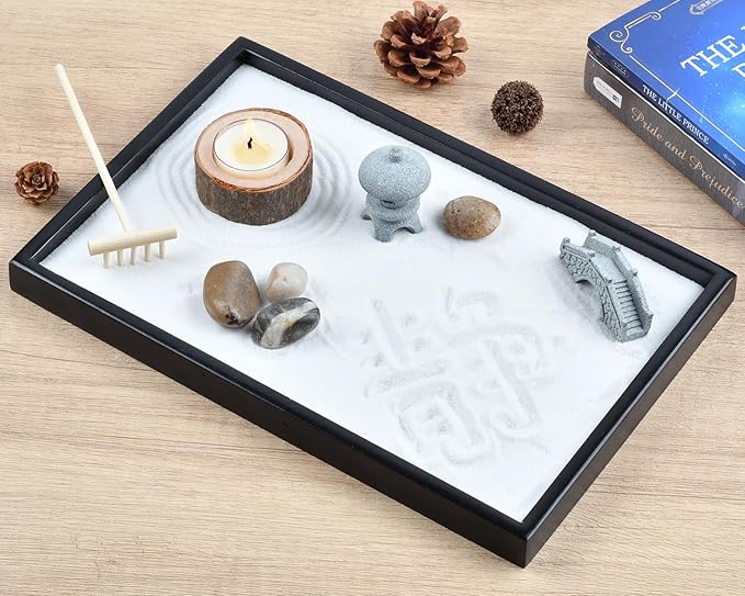 Calming Zen Garden, Zen Gift Set for Desk Office Decor Stress Relief Relaxation Gift Stone Zen Garden Kit for Home Meditation Mindfulness Gifts