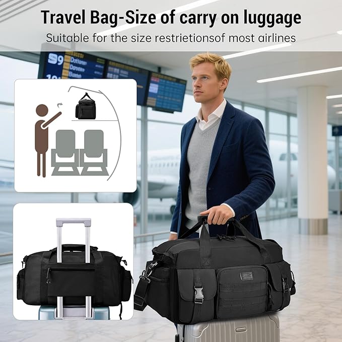 Duffle Bag for Men Women, Gym Bags & Tactical Duffle Bag with Shoe Compartment, Weekender Overnight Bag for Travel Workout, Black