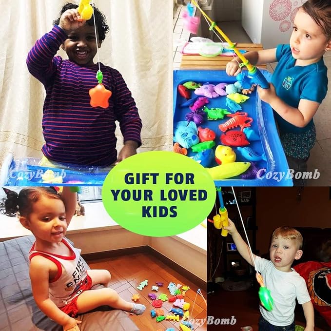 CozyBomB™ Magnetic Fishing Toys Game Set for Kids | Water Table Bathtub Kiddie Pool Party & Pole Rod Net, Plastic Floating Fish Toddler Color Ocean Sea Animals Birthday Age 3 4 5 6 Year