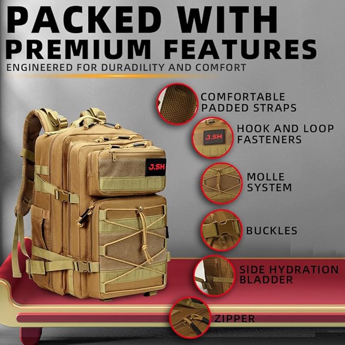 J.SH 45L Large Capacity 3-Day Tactical Backpack, Waterproof & Tear-Resistant, MOLLE System, Adjustable Straps (chest strap and waist strap), Hiking Backpack for Men & Women - Khaki