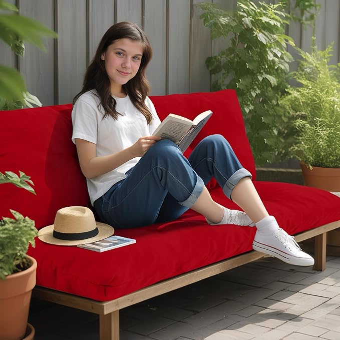 Outdoor Bench Cushion Waterproof, Tufted Bench Seat Cushion 36 x 15 Inch, Patio Wicker Indoor Seat Pads for Outside Garden Patio Balcony, Red