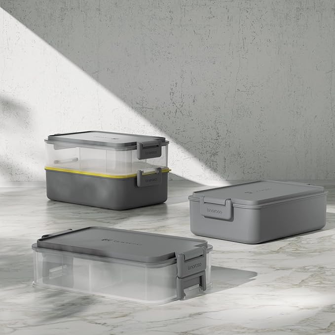 linoroso Stackable Bento Box Adult Lunch Box | Meet All You On-the-Go Needs for Food, Salad and Snack, Premium Bento Lunch Box for Adults Include Utensil Set, Dressing Containers - Ultimate Gray