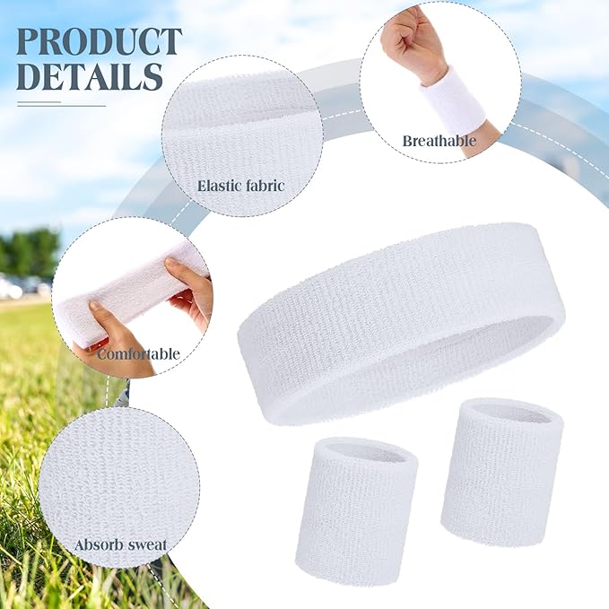 24 Pieces 80s Neon Sweatbands Set, Include 8 Sports Headbands and 16 Sweat Wristbands Elastic Athletic Tennis Sweat Bands Bulk for Man Woman