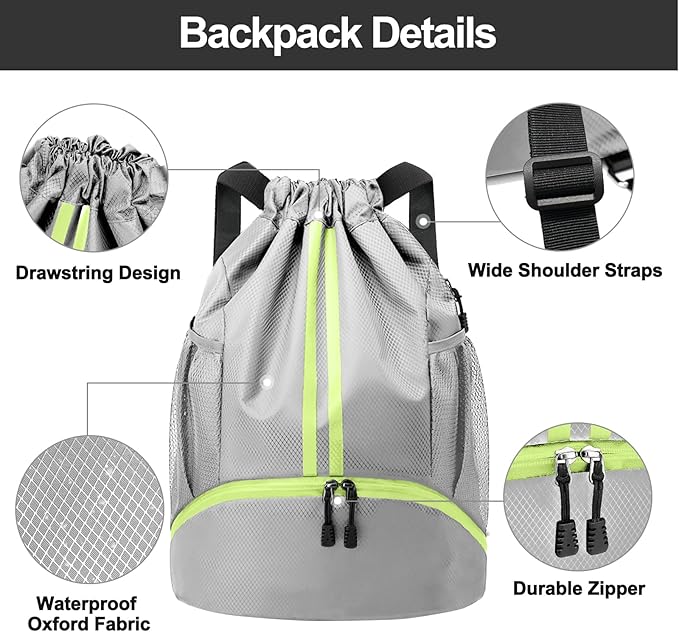 Hoedia Sports Drawstring Backpack - String Swim Gym Bag with Shoes Compartment and Wet Proof Pocket for Women and Men
