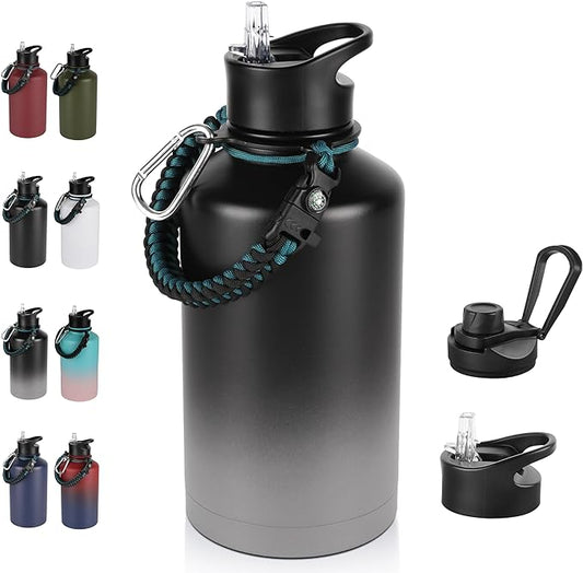64 oz Insulated Water Bottle with Straw & Spout Lids, Stainless Steel Metal Half Gallon Water Jug with Paracord Handle, Double Wall Vacuum, Leakproof, Keep Drinks Cold & Hot, Black Gray Gradient