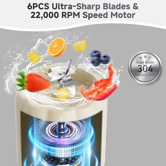 COKUNST 17Oz Portable Blender with 6 Blades, USB-C Rechargeable Personal Smoothie Maker for Shakes & Juices, Compact Mini Mixer for Home, Office & Travel