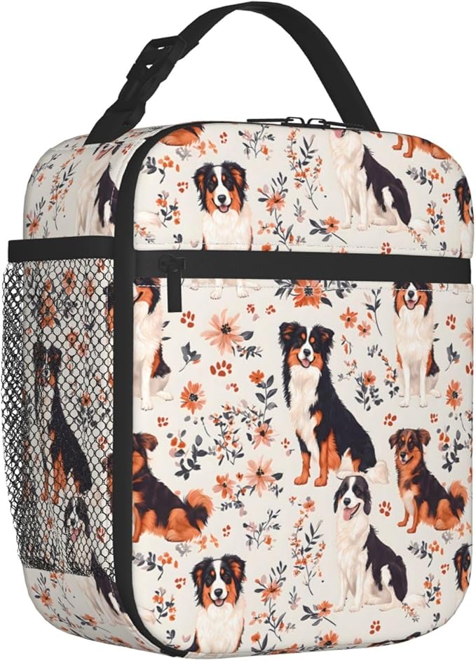 Cute Dog Lunch Box for Kids,Puppy Insulated Bag for Student,Pet Lovers Reusable Thermal Insulation Cooler Tote Bags for School Work Picnic Camping Outdoor Gifts (Australian Shepherd and Floral)