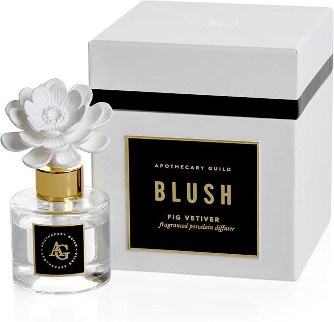 Zodax Apothecary Guild Blush Porcelain Oil Diffuser - Home Fragrance Diffuser Ideal for Living Room, Bathroom, Office - Makes a Great Gift - Porcelain Flower Design - Fig Vetiver - 1.69 Oz.