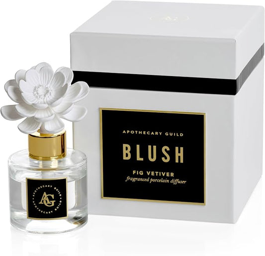 Zodax Apothecary Guild Blush Porcelain Oil Diffuser - Home Fragrance Diffuser Ideal for Living Room, Bathroom, Office - Makes a Great Gift - Porcelain Flower Design - Fig Vetiver - 1.69 Oz.