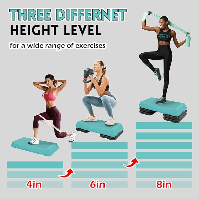 Step Aerobic Platform, Exercise Step with 5 levels Adjustable Height, 4 Stackable Risers, Fitness Training Workout Stepper for Home Gym, Cardio Strength, Multiple Options