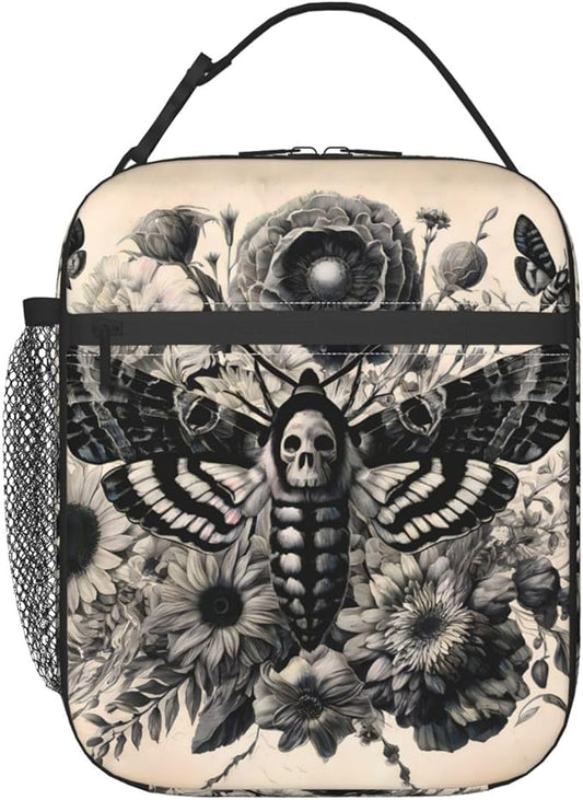 Gothic Moth Polyester Lunch Box for Kids Teen,Goth Reusable Thermal Lunch Bag for Adult Women,Dark Floral Insulated Tote Cooler Bags for School,Work,Picnic,Travel,Vintage Halloween Style