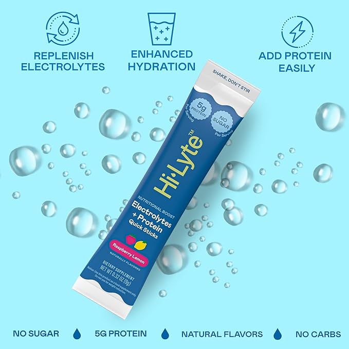 Hi-Lyte Electrolytes + Protein Quick Sticks Raspberry Lemon, 16 Servings - Sodium, Potassium, Whey Protein - Keto Friendly - 5g Protein, No Sugar