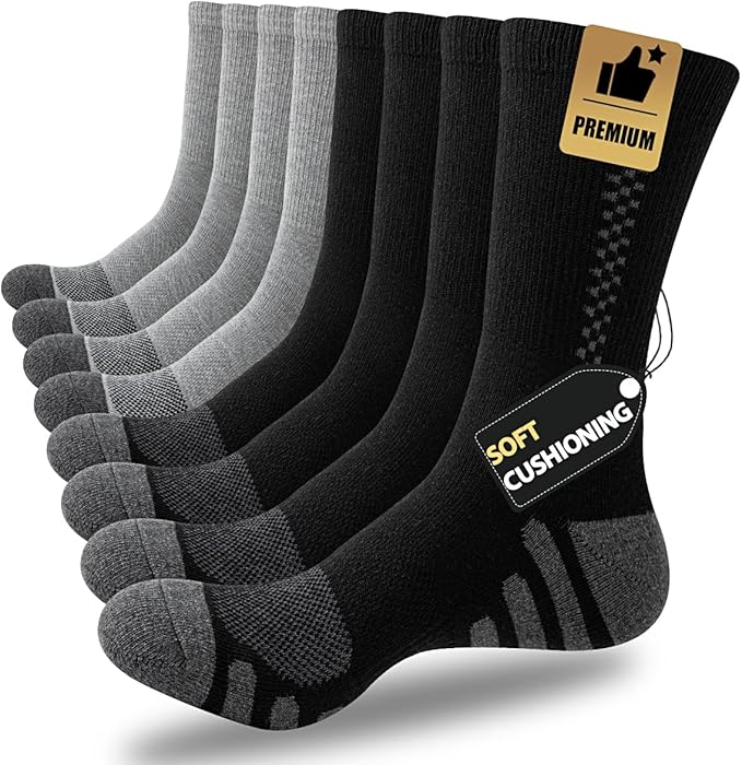 JOYNÉE 8 Pairs Mens Crew Athletic Work Long Socks Calf Cushioned Socks for Sports Running Workout Gym