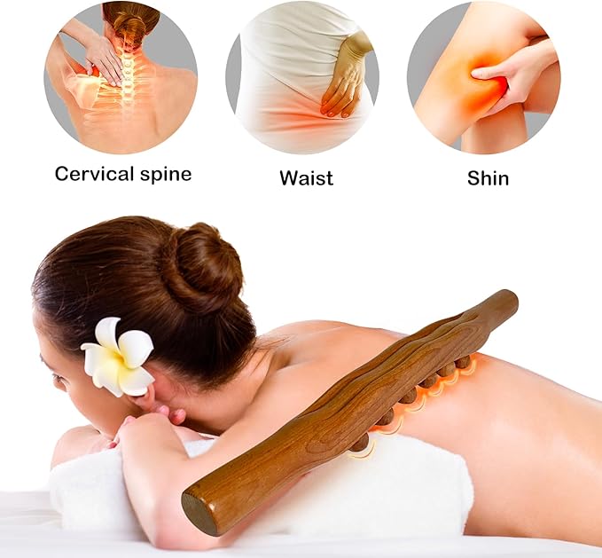 Wood Therapy Massage Stick, 2 in 1 Double Row 12 Beads Maderoterapia Kit Wood Gua Sha Massage Tool, Wooden Gua Sha Lymphatic Drainage Massager Tool for Body Shaping