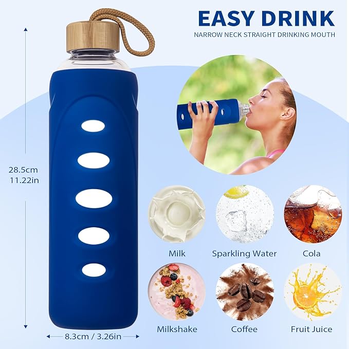 Sport 32oz Glass Water Bottle 1000ml /1 liter Borosilicate Glass Water Bottle Reusable Waterbottle Jugwith Silicone Sleeve and Unique Lid (Blue