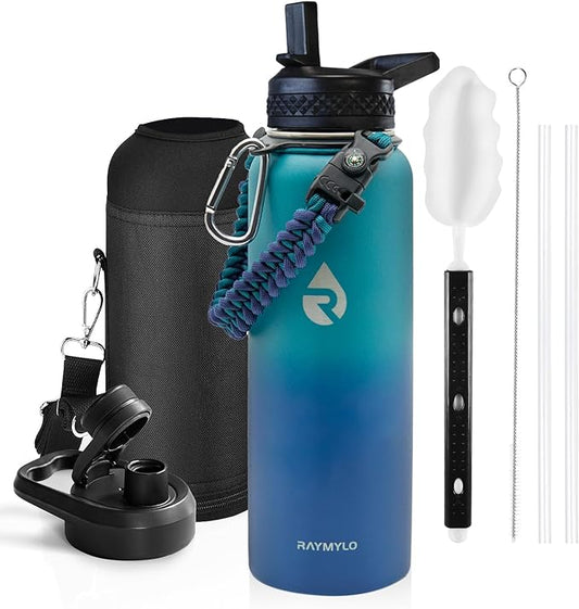 Insulated Water Bottle 40 oz, Triple Wall Vacuum Stainless Steel (Cold for 48 Hrs), Leak Proof & Non-BPA, Modern Water Flask Jug with Paracord Handle & Straw Spout Lids, Cyan Blue