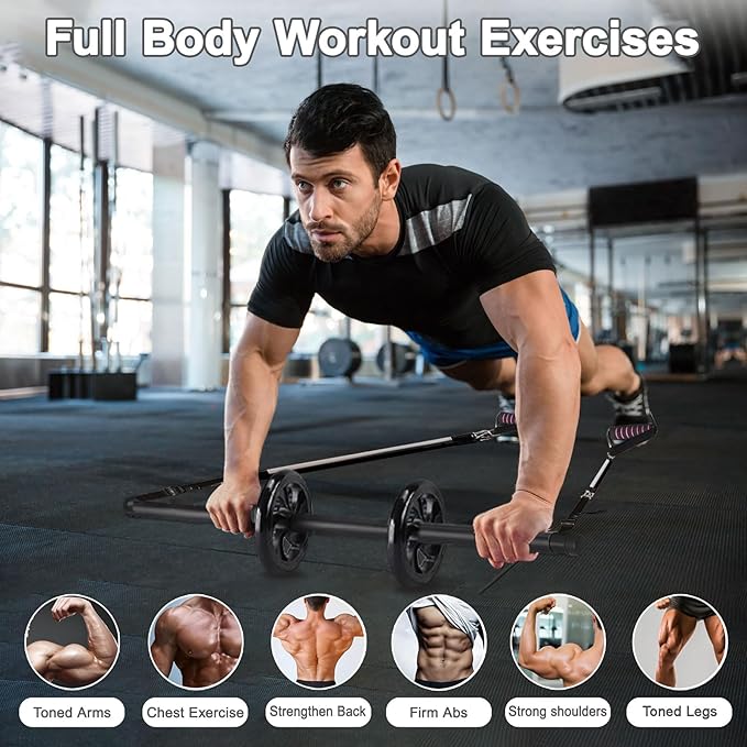 Pilates Bar Kit with Resistance Bands,Ab Roller,2 in 1 Foot Strap & Handle,Door Anchor Pilates Equipment with Resistance Bands, Portable Home Gym Yoga Fitness Bar for Women & Men