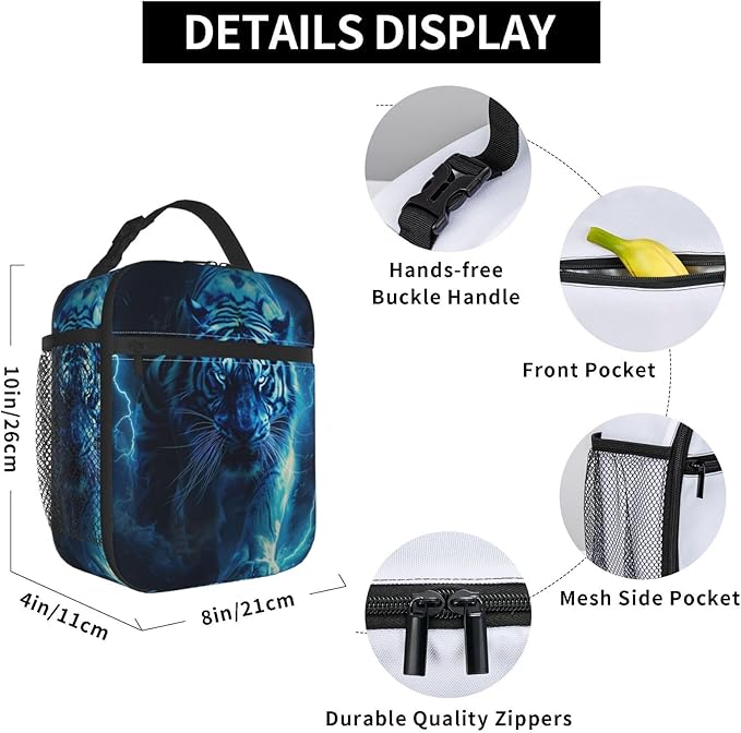 Fierce Tiger Lunch Box for Women Men Boys Kids, Insulated Cooler Lightning Design Lunch Bag for School, Picnic, Office, Travel, Work, Portable Reusable Polyester Thermal Tote Lunch Bags