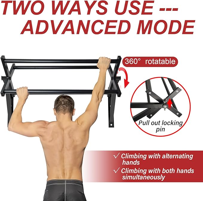 BESTHLS Wall Mounted Pull Up Bar and Dip Station, Heavy Duty Wall Mount Pull-up Chin Up Bar Multifunctional Home Gym Workout Indoor Exercise Equipment Support to 440 Lbs