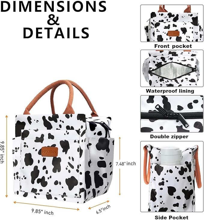 Joymee Lunch Bag Women Insulated Lunch Box Reusable Leakproof Large Spacious Cooler Tote for Womens Mens Adults with Bottle Holder and Side Pockets for Work Office Travel Picnic - Cow