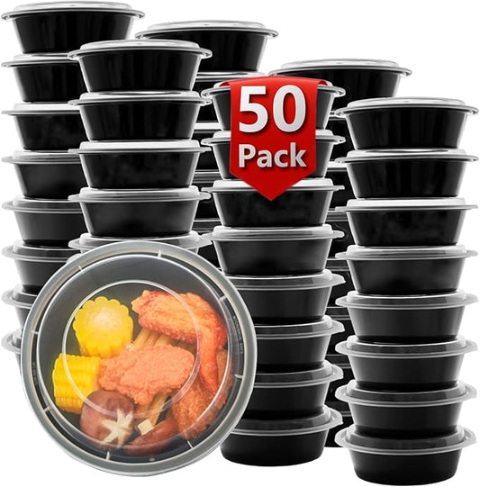 Meal Prep Containers Reusable 50 Pack-27 oz Food Storage Containers with Lids To Go Food Containers Takeout, Microwave Dishwasher Freezer Safe, Stackable, BPA Free, Plastic(Black)