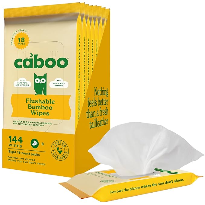 Caboo Tree Free Flushable Wipes, Travel Wipe, Certified Flushable, Septic Safe, Biodegradable Wipe for Adults, Pack of 8, Total of 144 Travel Toilet Wipes