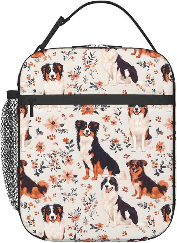 Cute Dog Lunch Box for Kids,Puppy Insulated Bag for Student,Pet Lovers Reusable Thermal Insulation Cooler Tote Bags for School Work Picnic Camping Outdoor Gifts (Australian Shepherd and Floral)