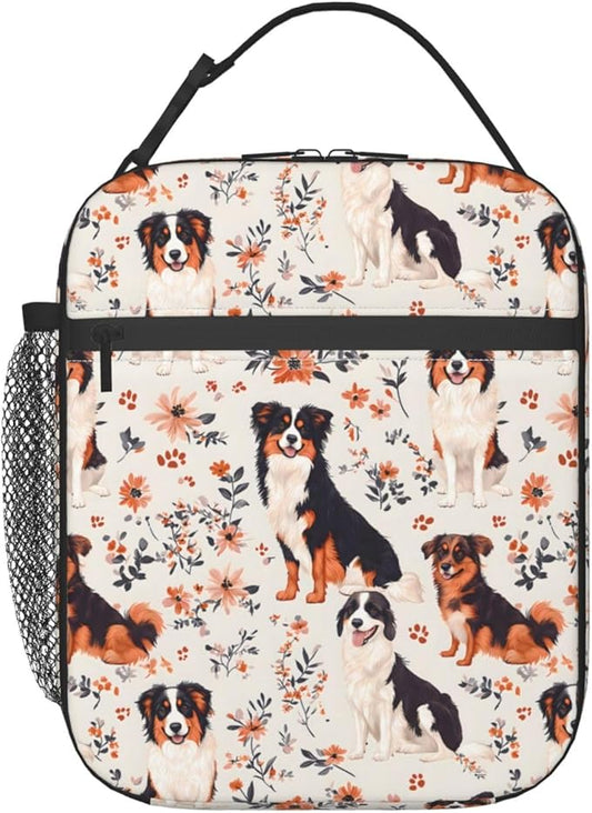 Cute Dog Lunch Box for Kids,Puppy Insulated Bag for Student,Pet Lovers Reusable Thermal Insulation Cooler Tote Bags for School Work Picnic Camping Outdoor Gifts (Australian Shepherd and Floral)