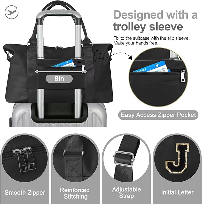 Dance Gym Duffel Bag for Teen Girls, Personalized Initial Travel Weekender Bag,Cute Overnight Carry On Duffle for Women,Sports Travel Cheer Bag,Monogram Christmas Gifts for Tween Preppy(black-J)